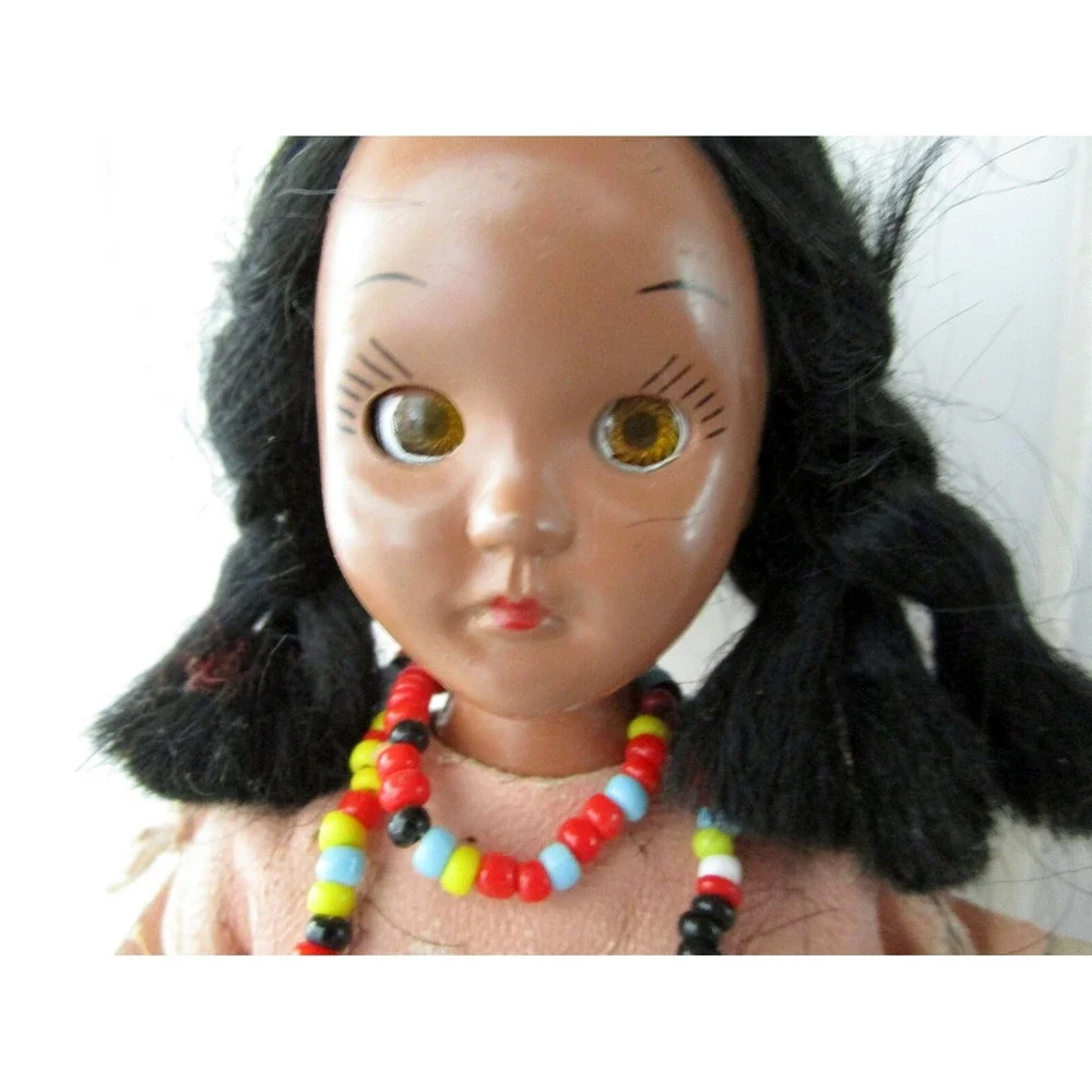 American Indian Girl Vintage Doll with Sleep Eyes Beading Moccasins Marked 7A